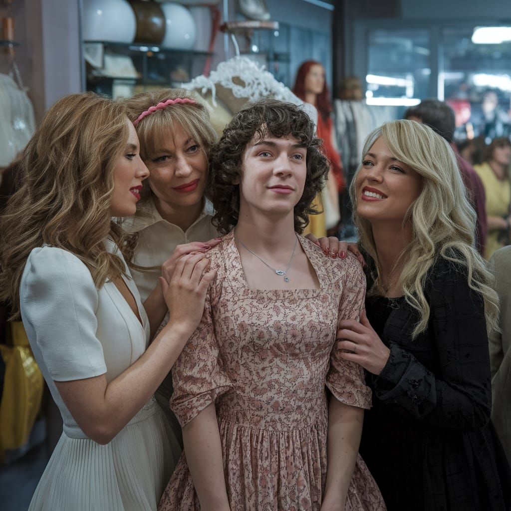 Young Man Dressed by Women: Cinematic Film Still