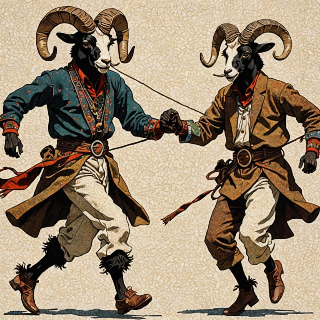 Suave Ram Horned Ethiopian Goat Ropers dancing gaily kinetic...