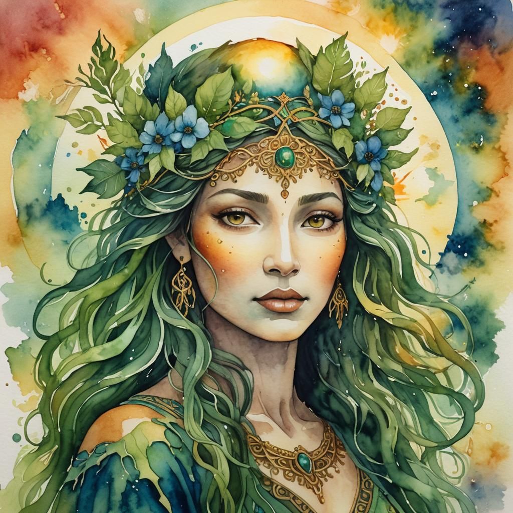 Earth Goddess Gaia at Sunrise: Watercolor Art