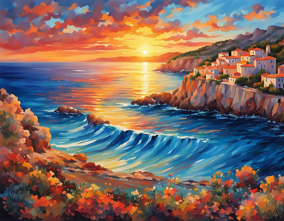 Mediterranean Sunset at Blue Coastline