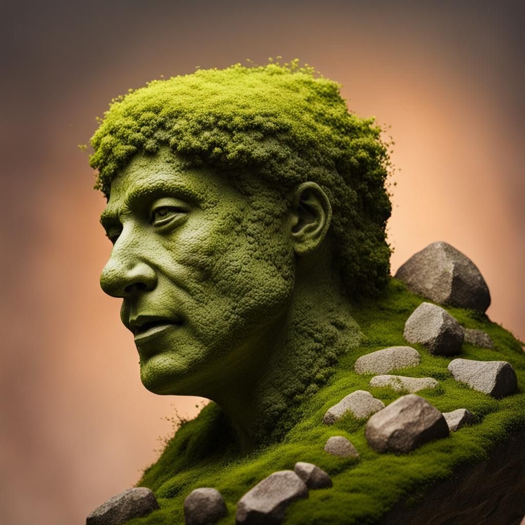 Mossy Stone Sculpture: Hyperrealistic Splash Art