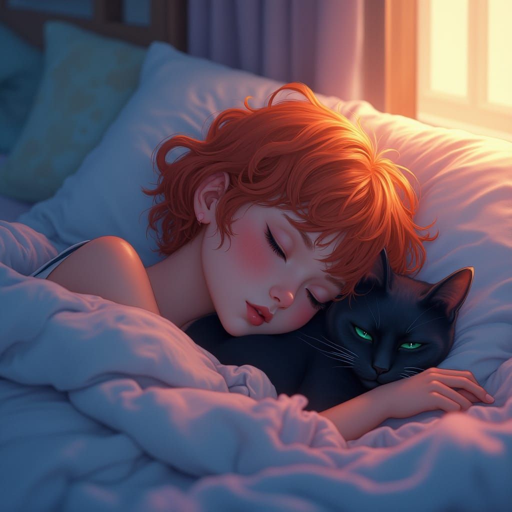 Girl and Black Cat Sleep Peacefully in Bed, Surrounded by Vi...