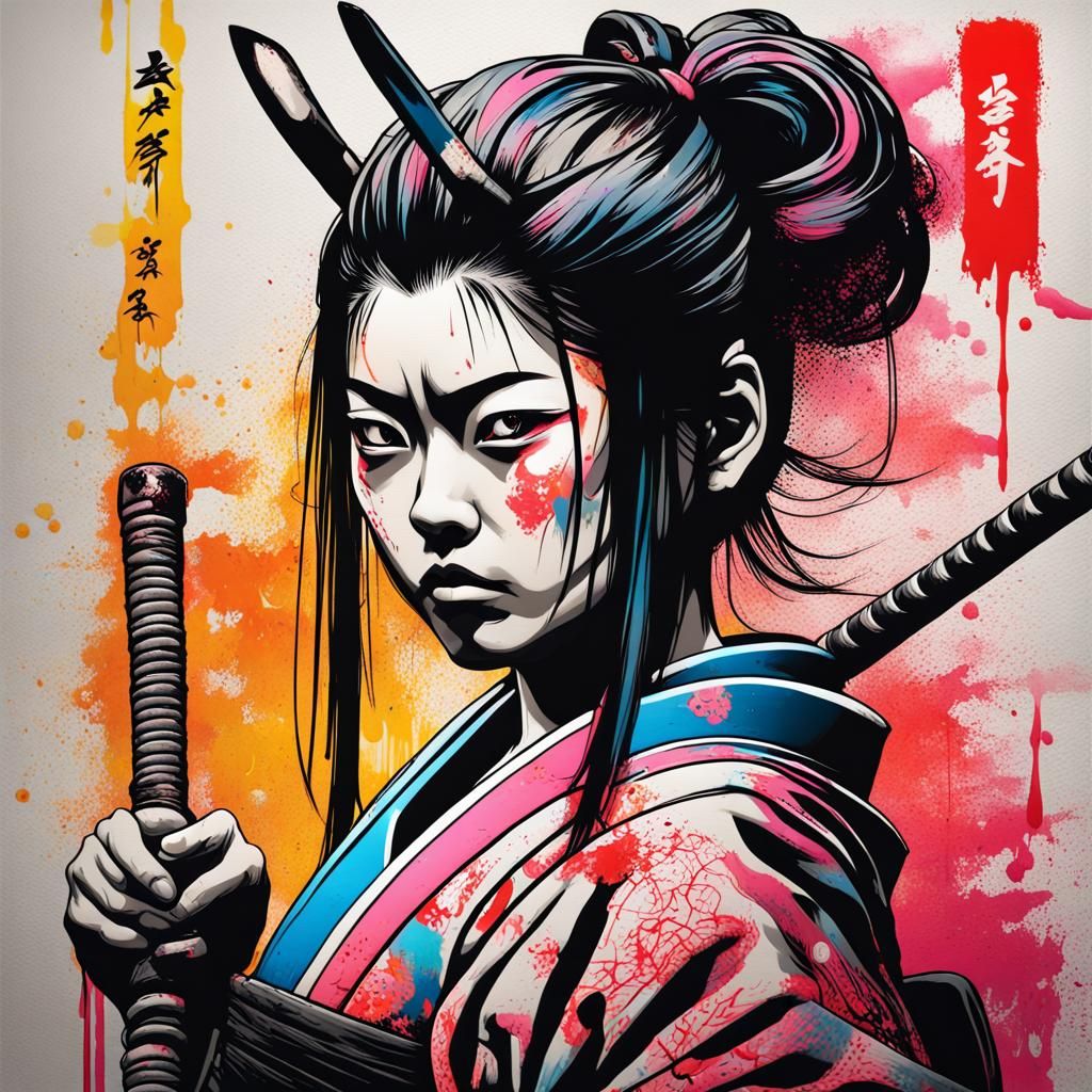 Samurai Girl in Japanese Woodblock Style