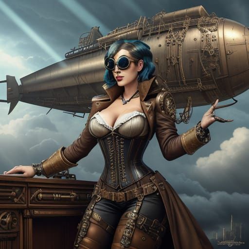 Steampunk concept art. A daring pinup queen with goggles and...
