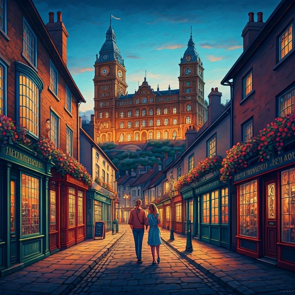 Scarborough Old Town Twilight: Whimsical Oil Painting