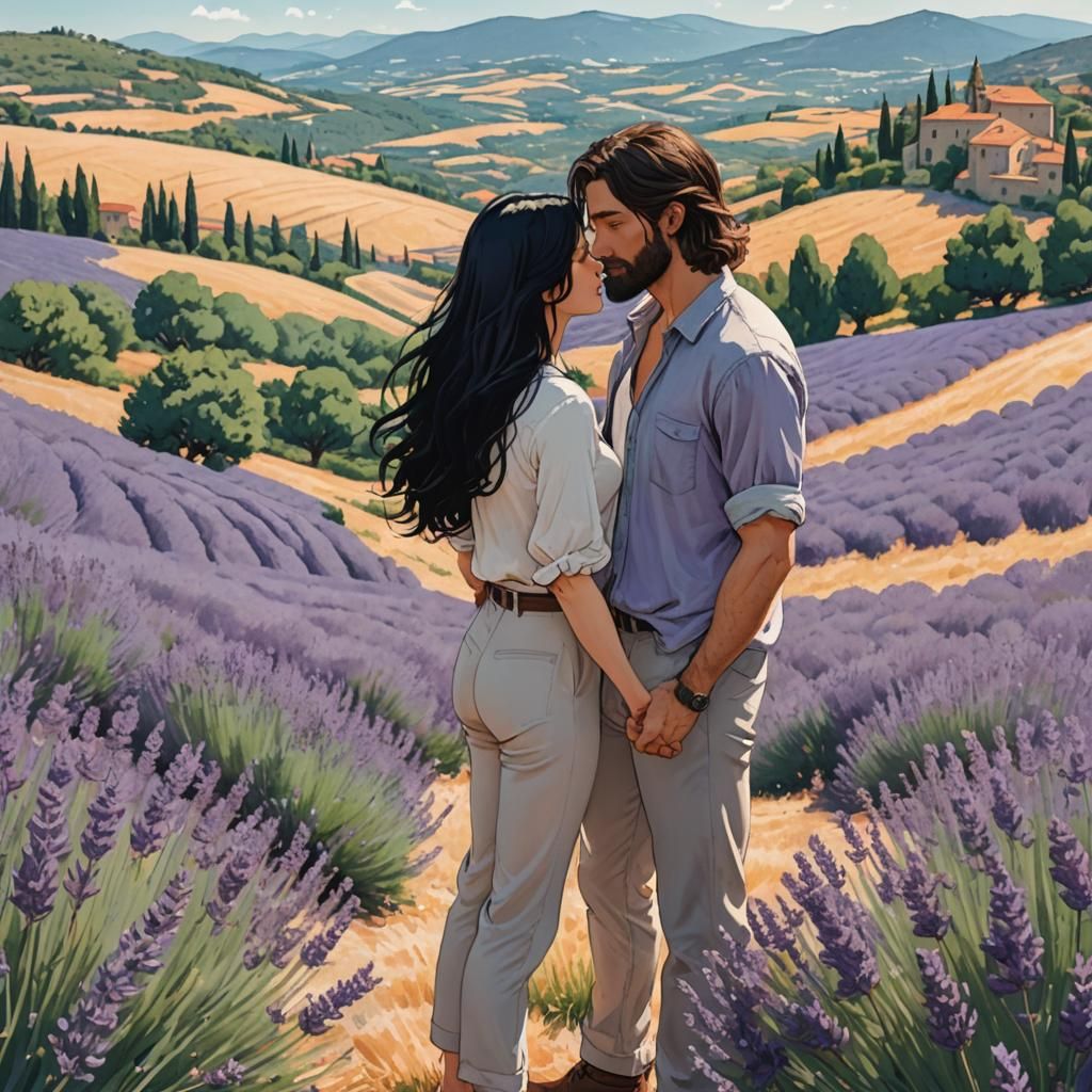 Romantic Kiss in Provence Lavender Field, Animé Style