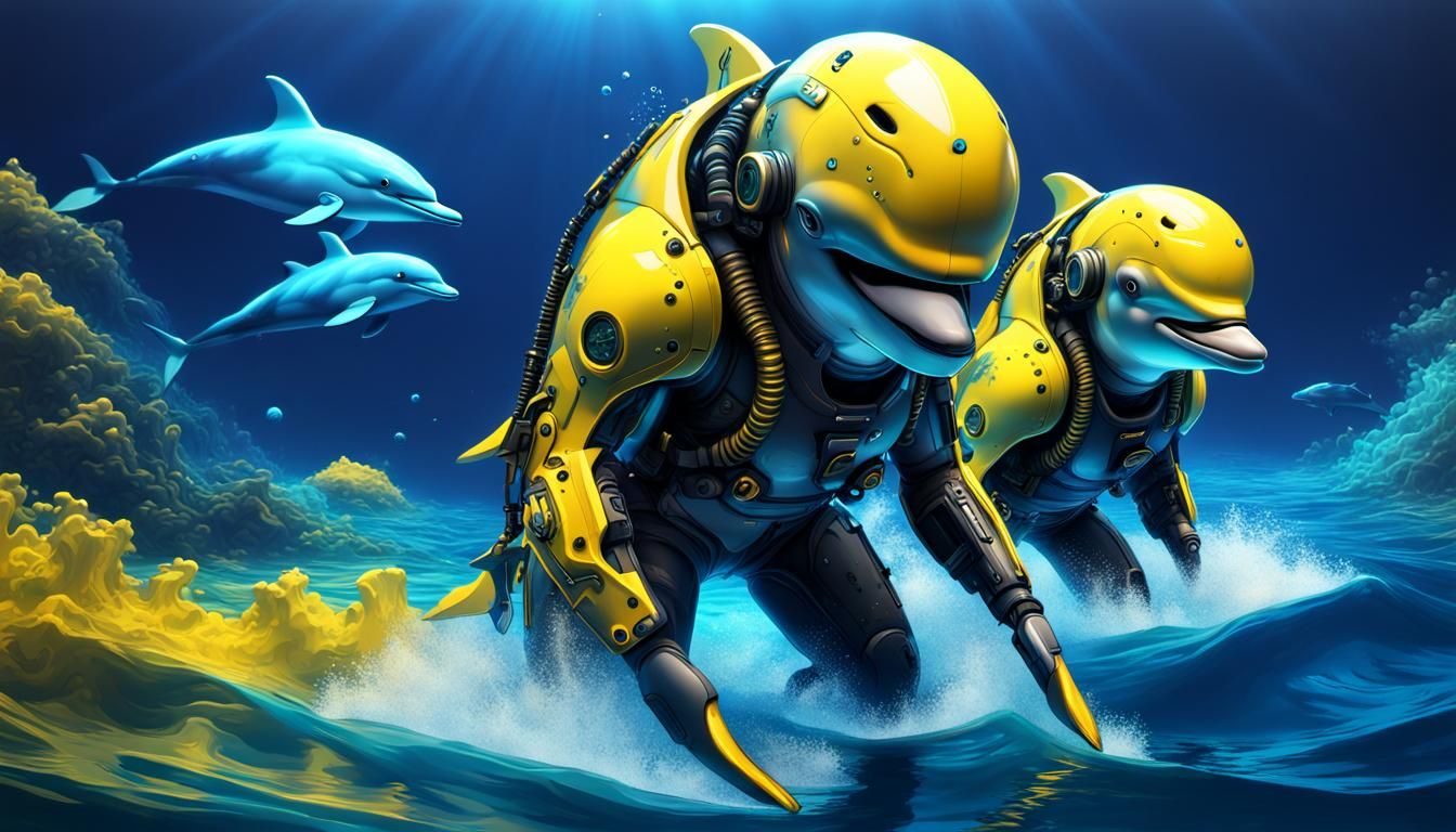 Dolphins in Military Uniform: Neon Grunge Seascape