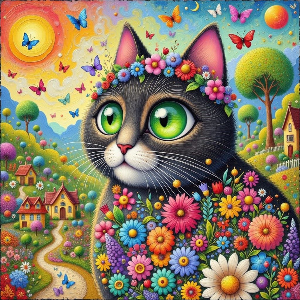 Folk-Art Cat with Floral Crown in Fantasy Village