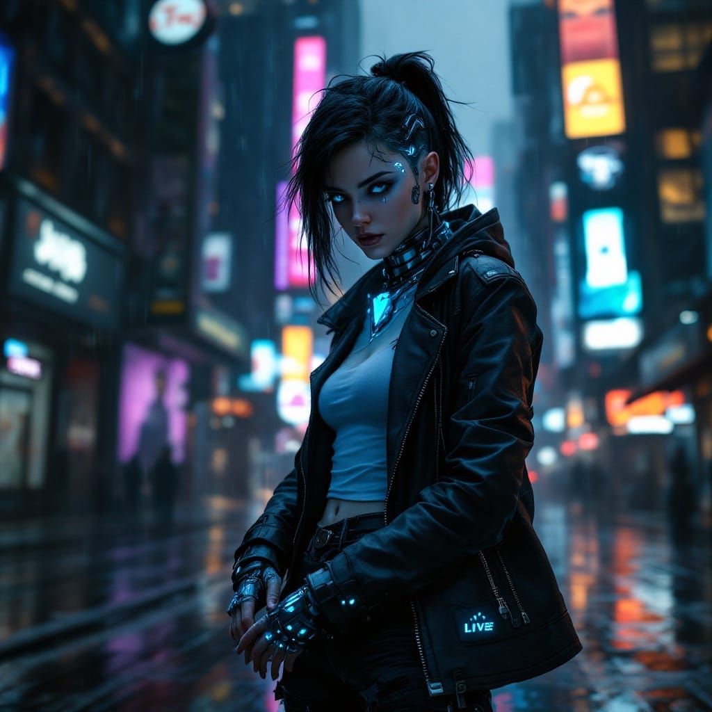 Cyberpunk Female Hacker in a Rain-Soaked Alleyway