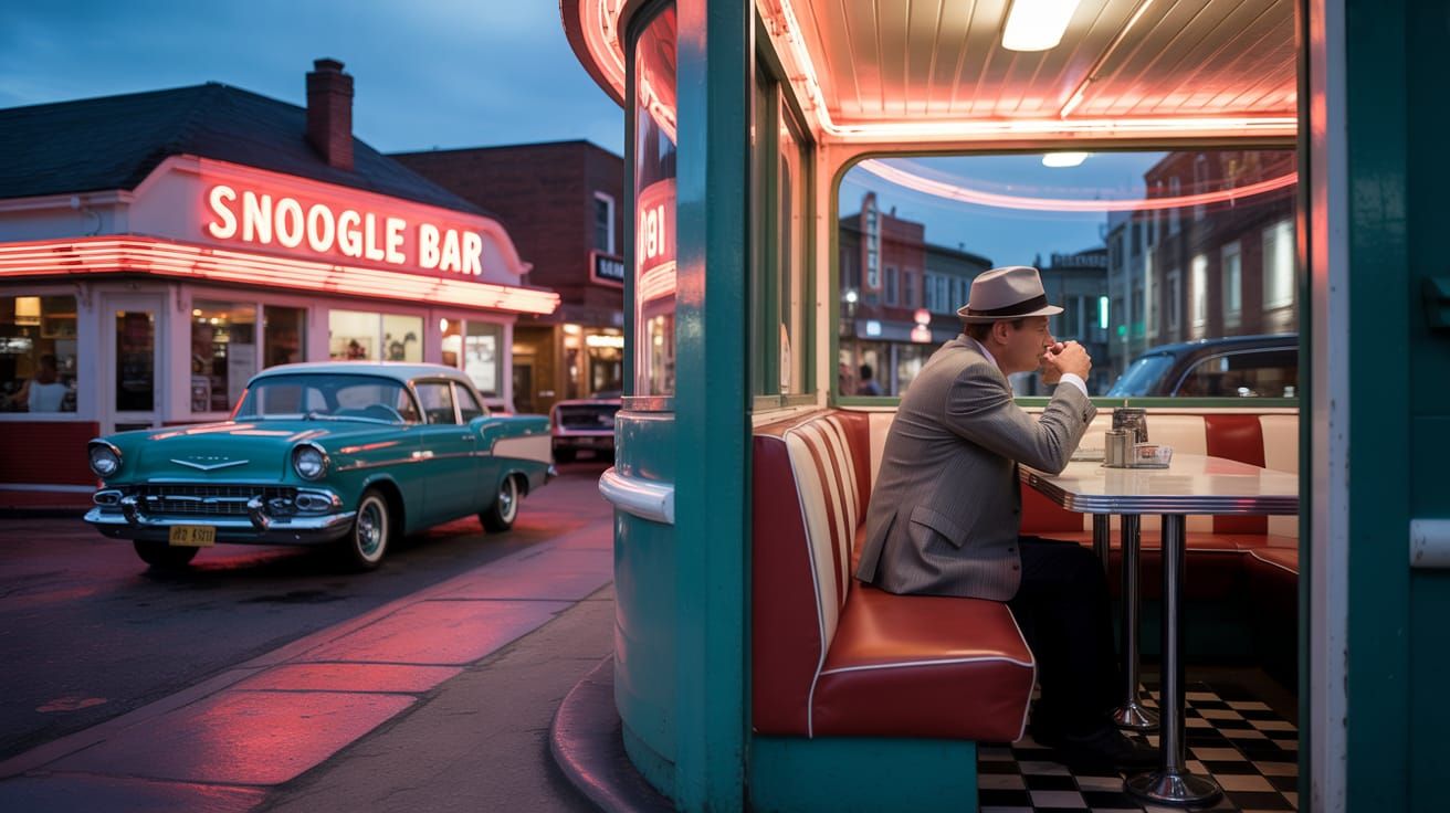 Vintage Diner Neon Sign at Twilight in Midwestern Town