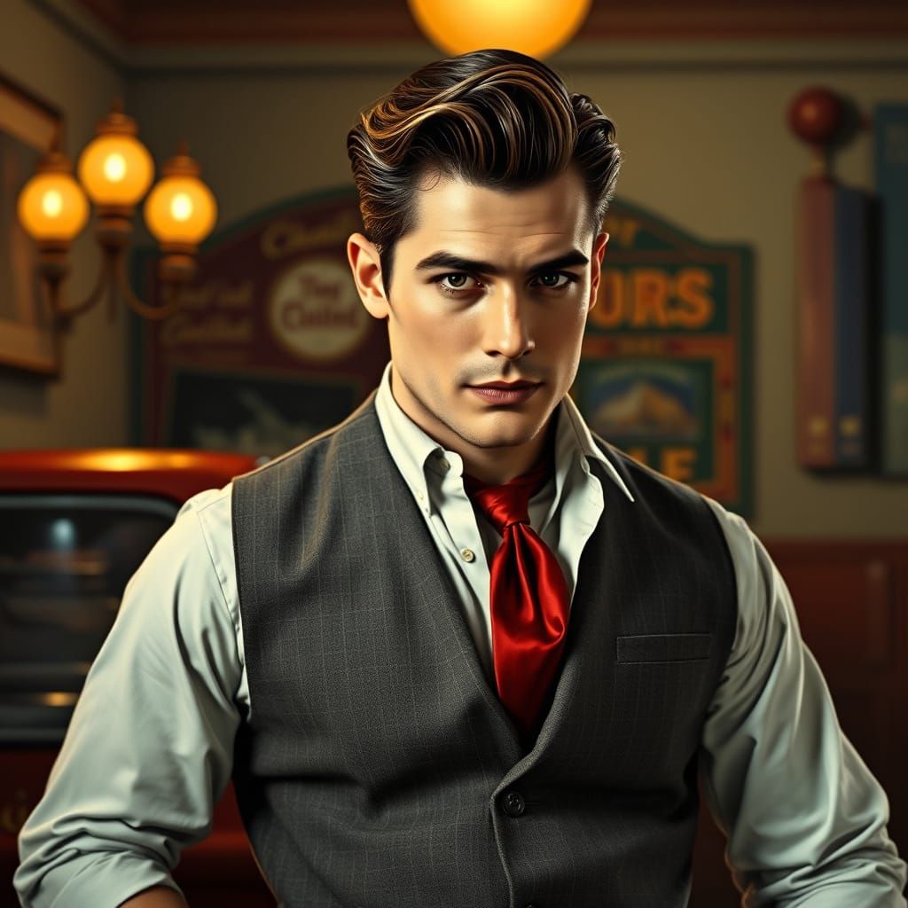 Elegant 1950s Man in Detailed Matte Painting Style