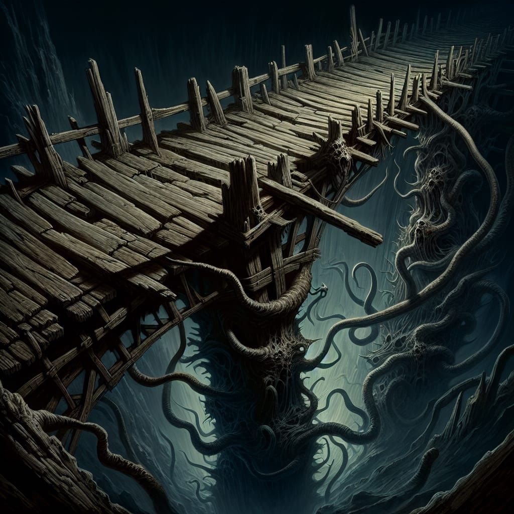An old, creaky bridge over a dark abyss, with monstrous tent...