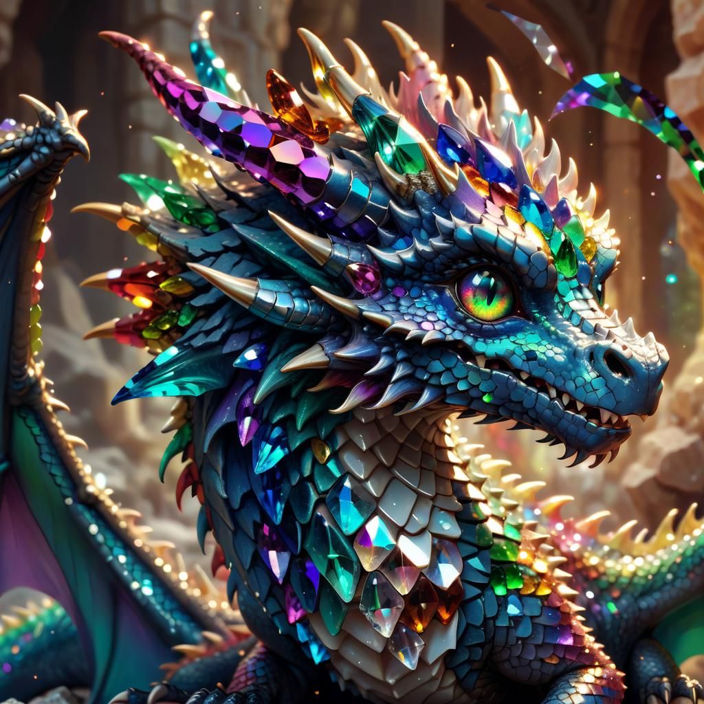 Multichromatic Crystal Dragon Portrait in Anime Style