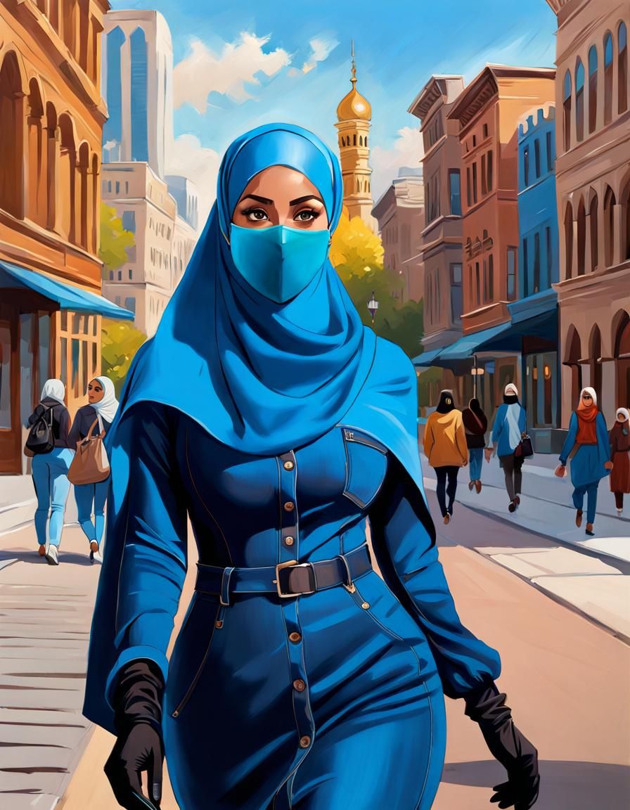 Hijabi Woman in City, Oil-Guache Melting Painting
