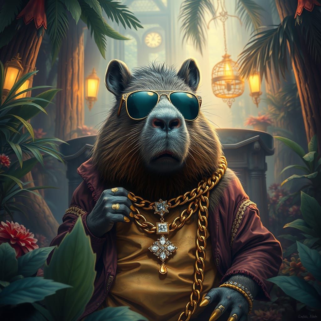 Opulent Capybara and Friends in Lavish Forest