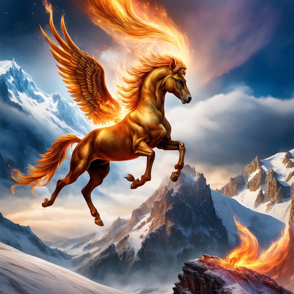 Phoenix Rises from Burning Library in Classical Style