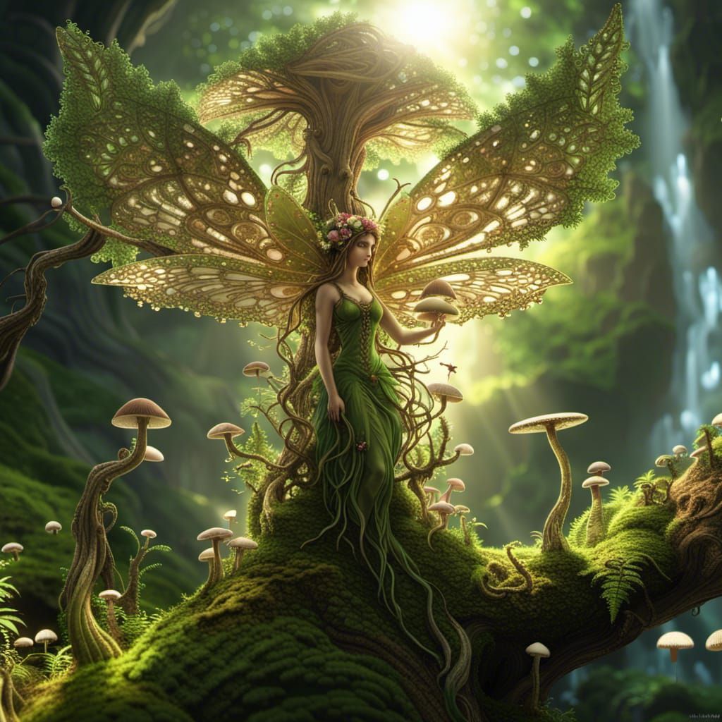 Winged Tree Fairy Holding Mushroom in Forest