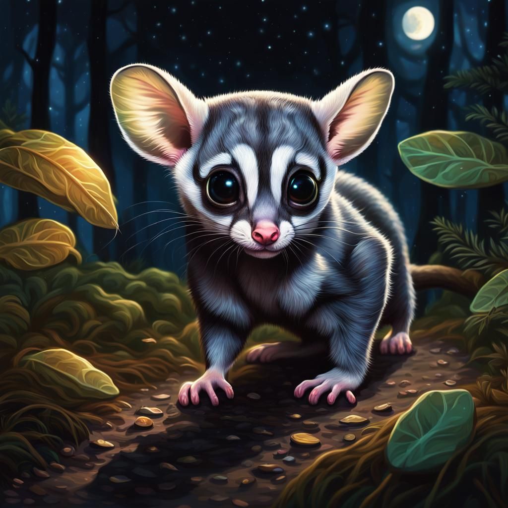 Hyperrealistic Sugar Glider in Forest at Night