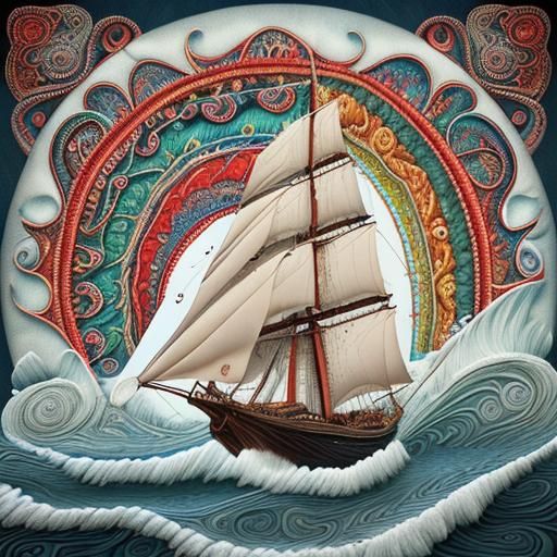 3D Embroidery of Rustic Sailing Ship in Seascape