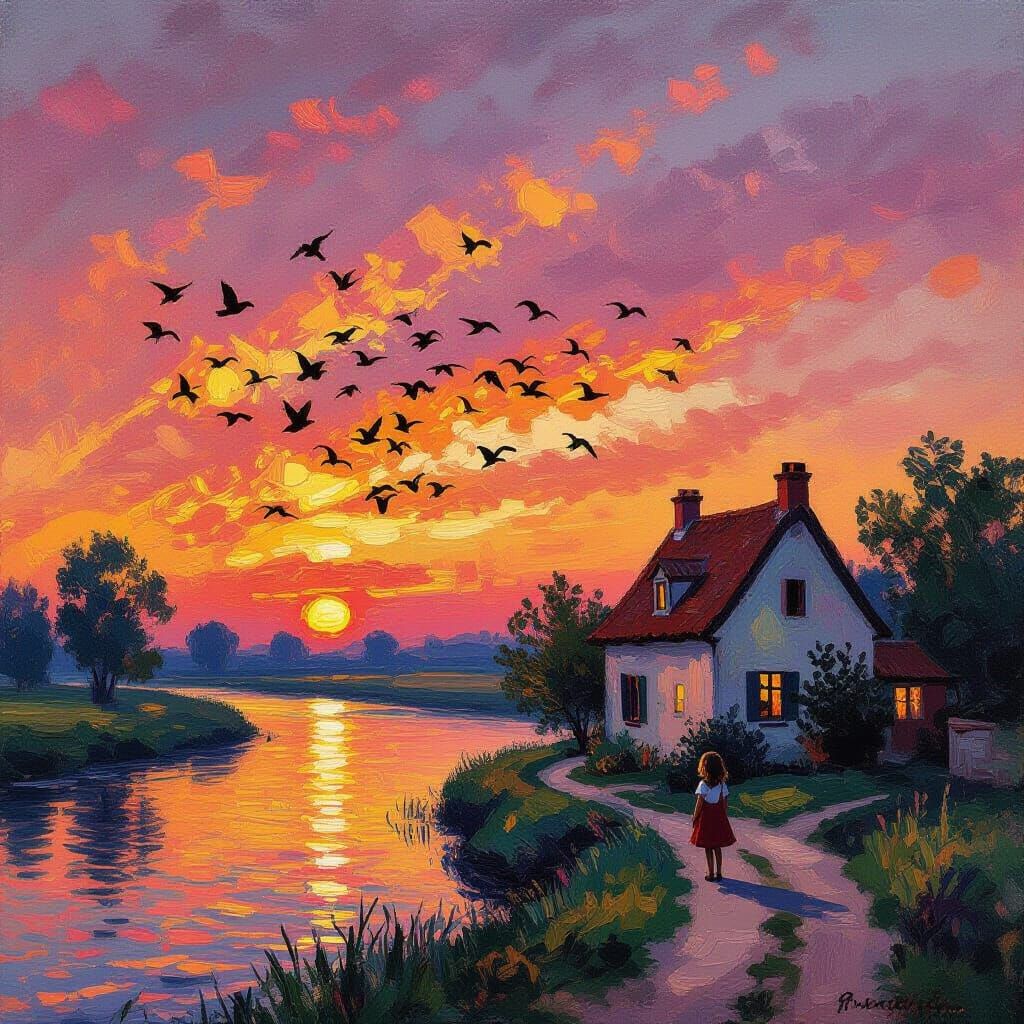 Vibrant Birds at Sunset Over River House