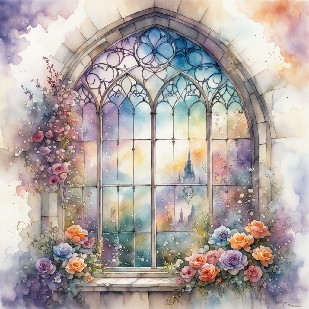 Watercolour & Ink Cathedral Window with Flowers