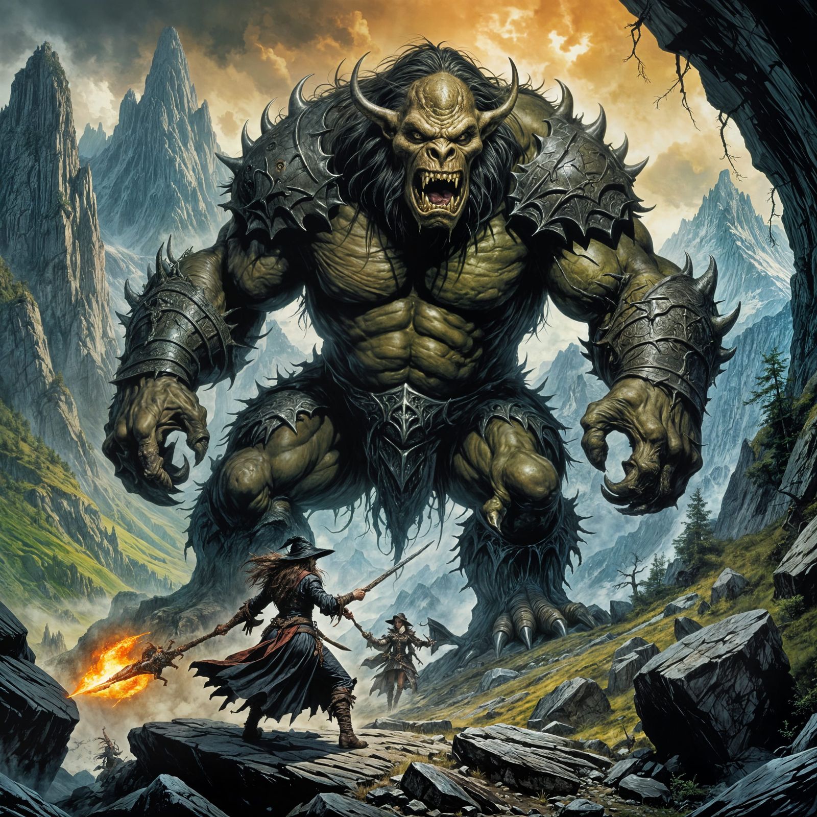 Witch Versus Mountain Troll in Comic Book Style