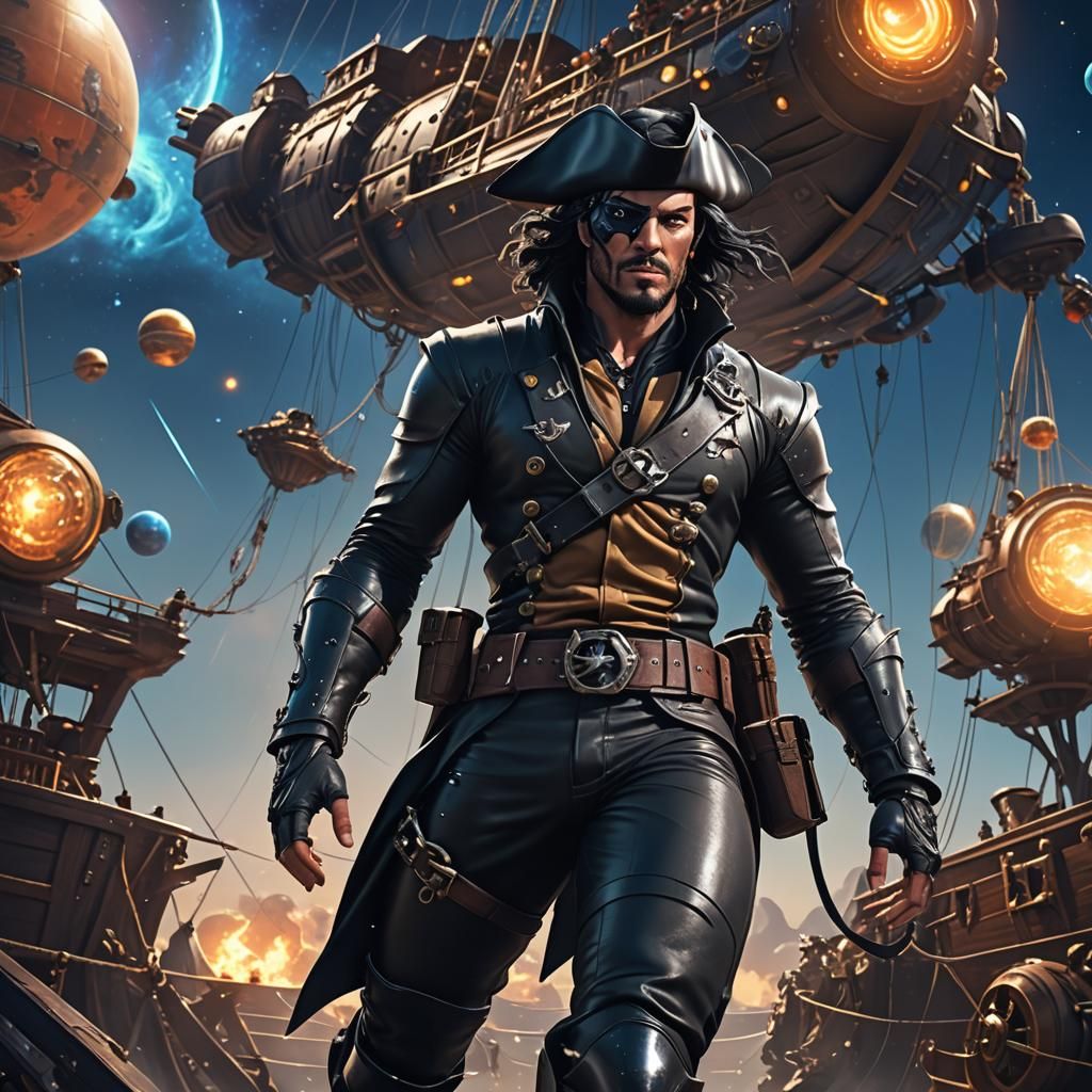 Space Pirate on Flying Ship in Hyperrealistic 3D