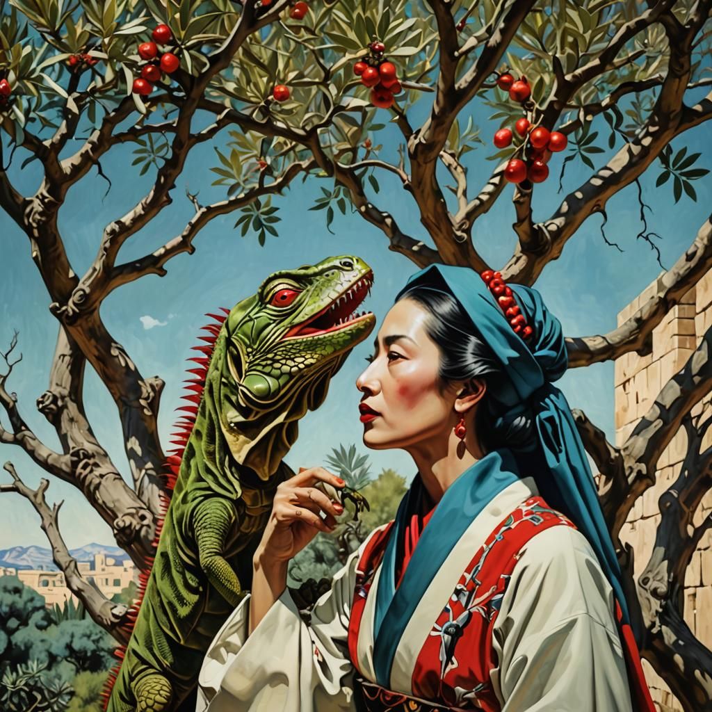 Long view surrealistic Sumatran Geisha pouting red lips french kissing an iguana in an olive tree in Jerusalem Dali Pica...