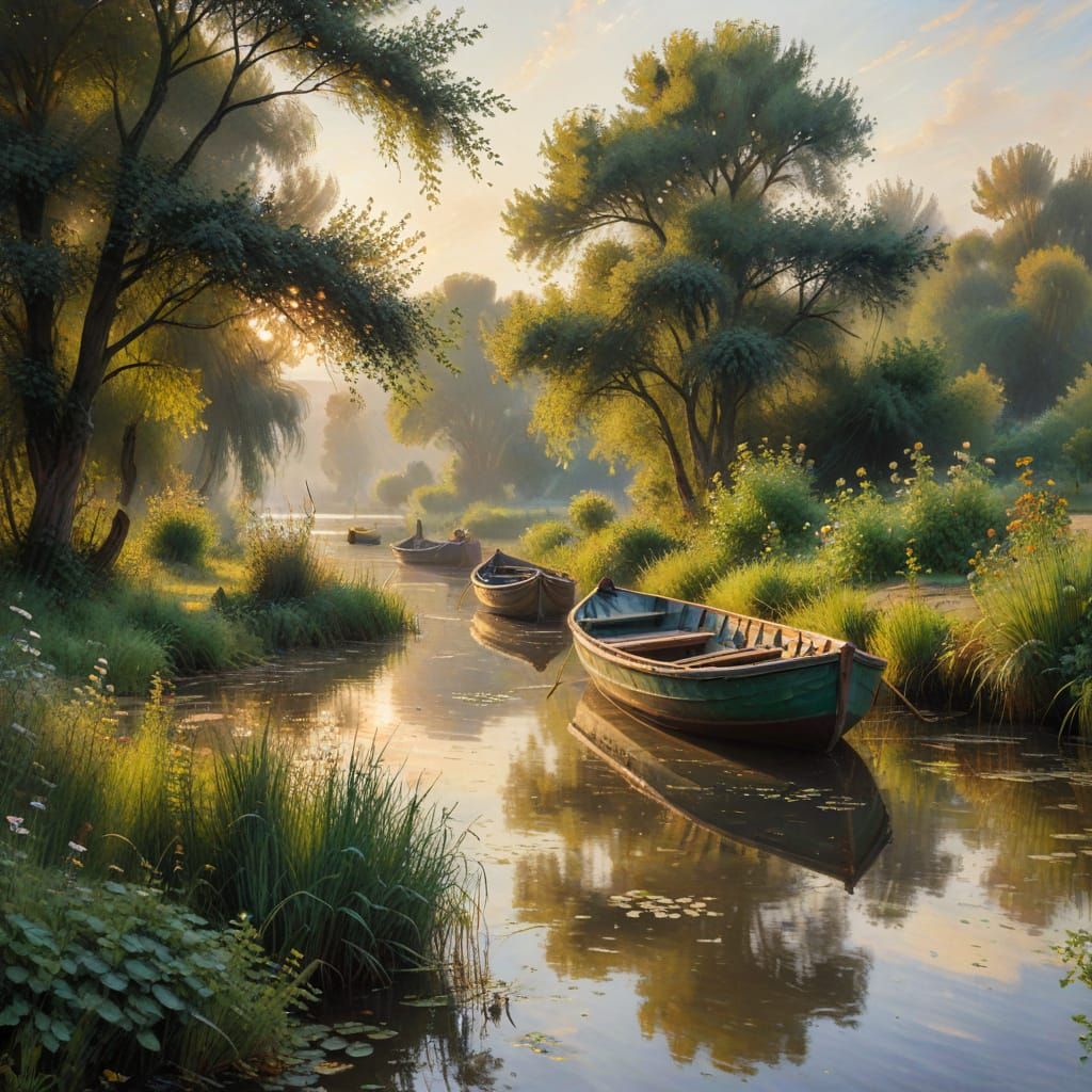 Impressionist Painting of Serene River Landscape with Abando...