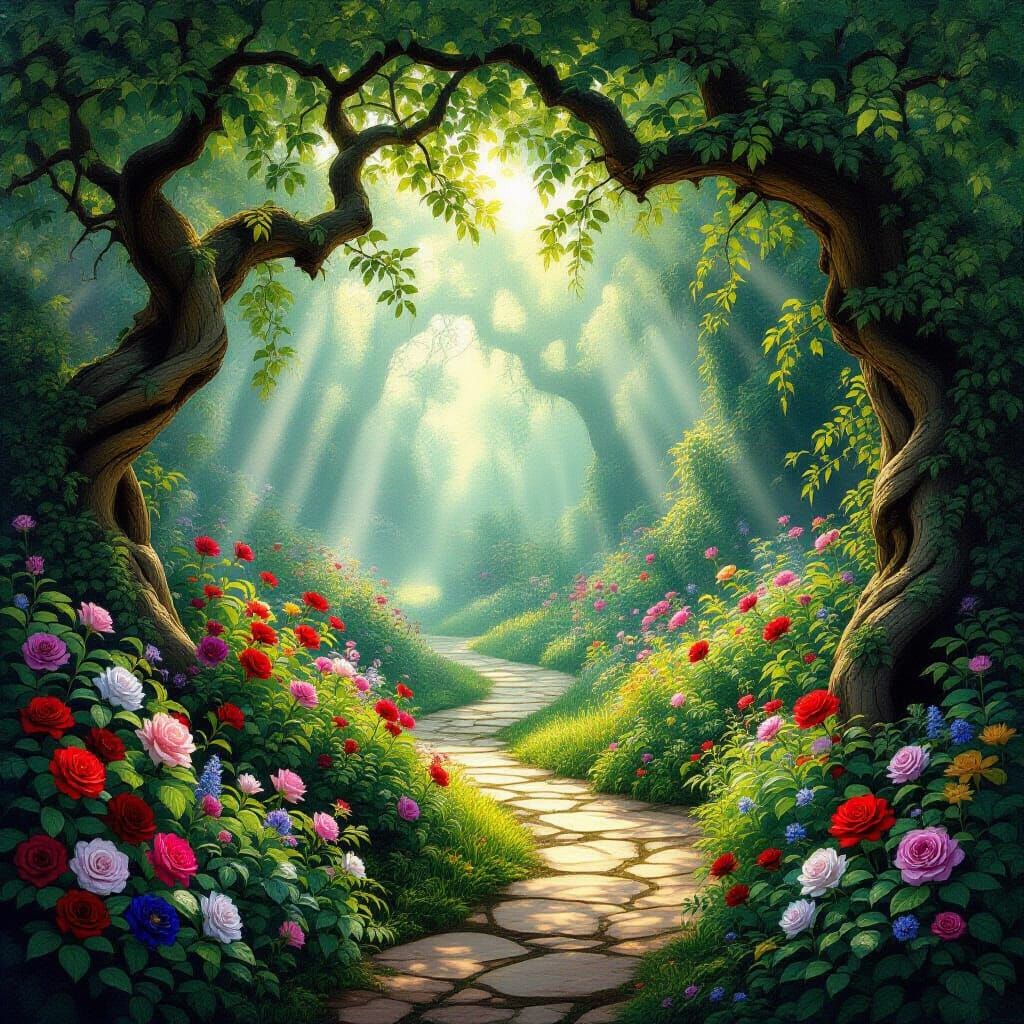 Secret Garden of Wonder in Pre-Raphaelite Style