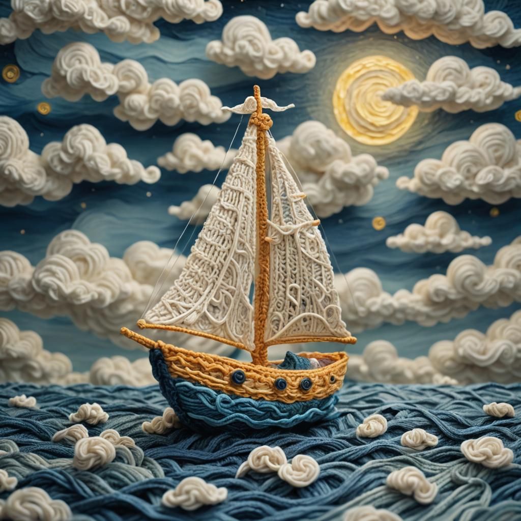 Digital Knitted Sculpture: Chibi Sailboat on Moonlit Sea