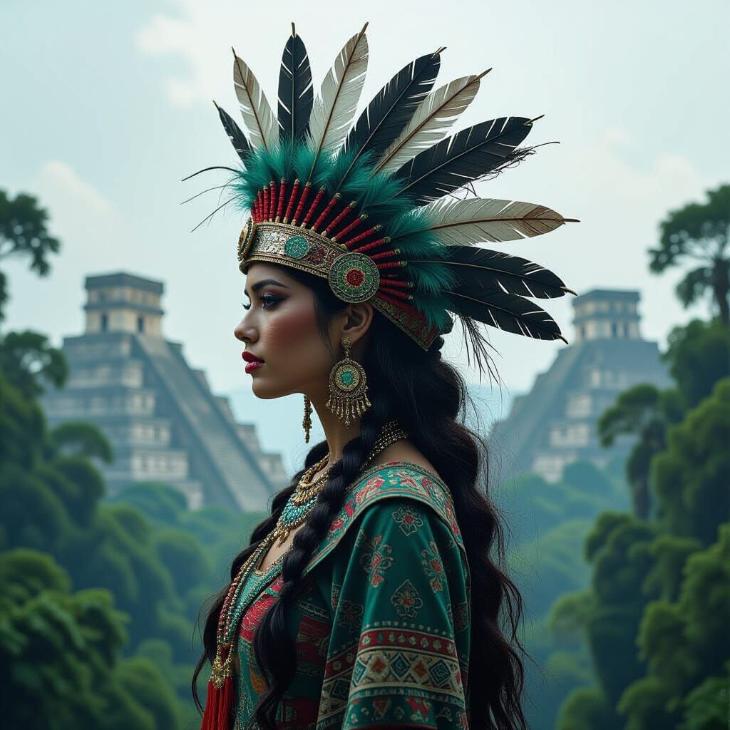 Aztec Princess with Quetzal Headdress in Double Exposure