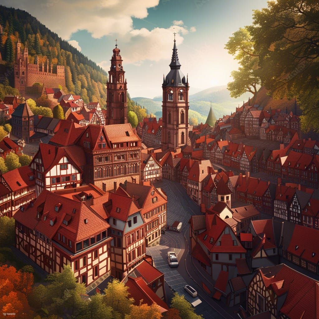 Heidelberg City, 1900: Aerial View with Broken Castle