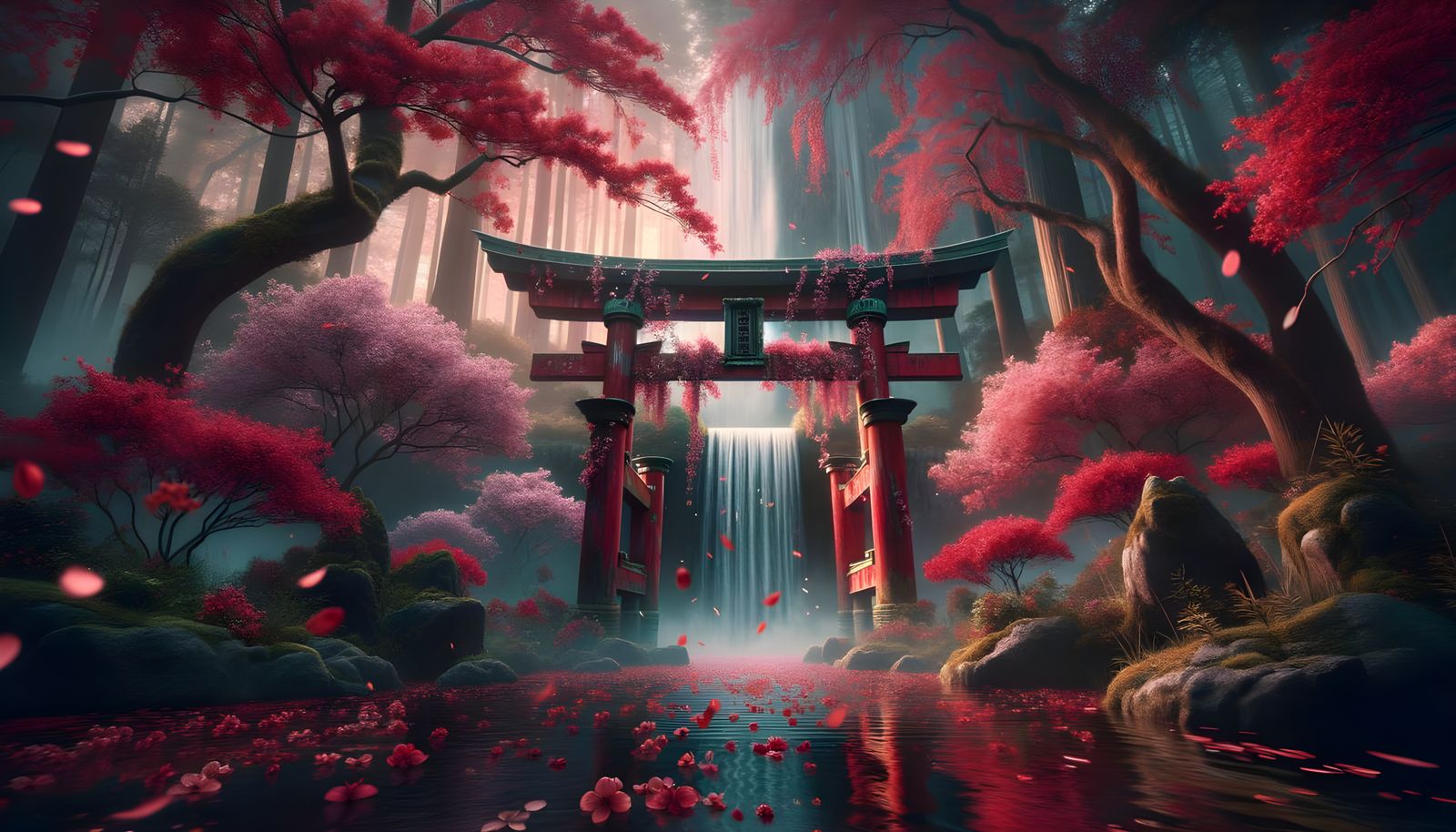 Mystical Torii Gate with Blossoms and Waterfall