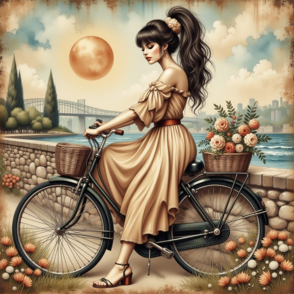 Woman on Vintage Bicycle in Impressionistic Style