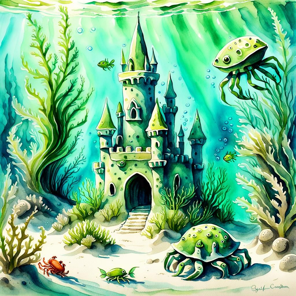 Underwater Sandcastle with Octopus in Watercolor Style