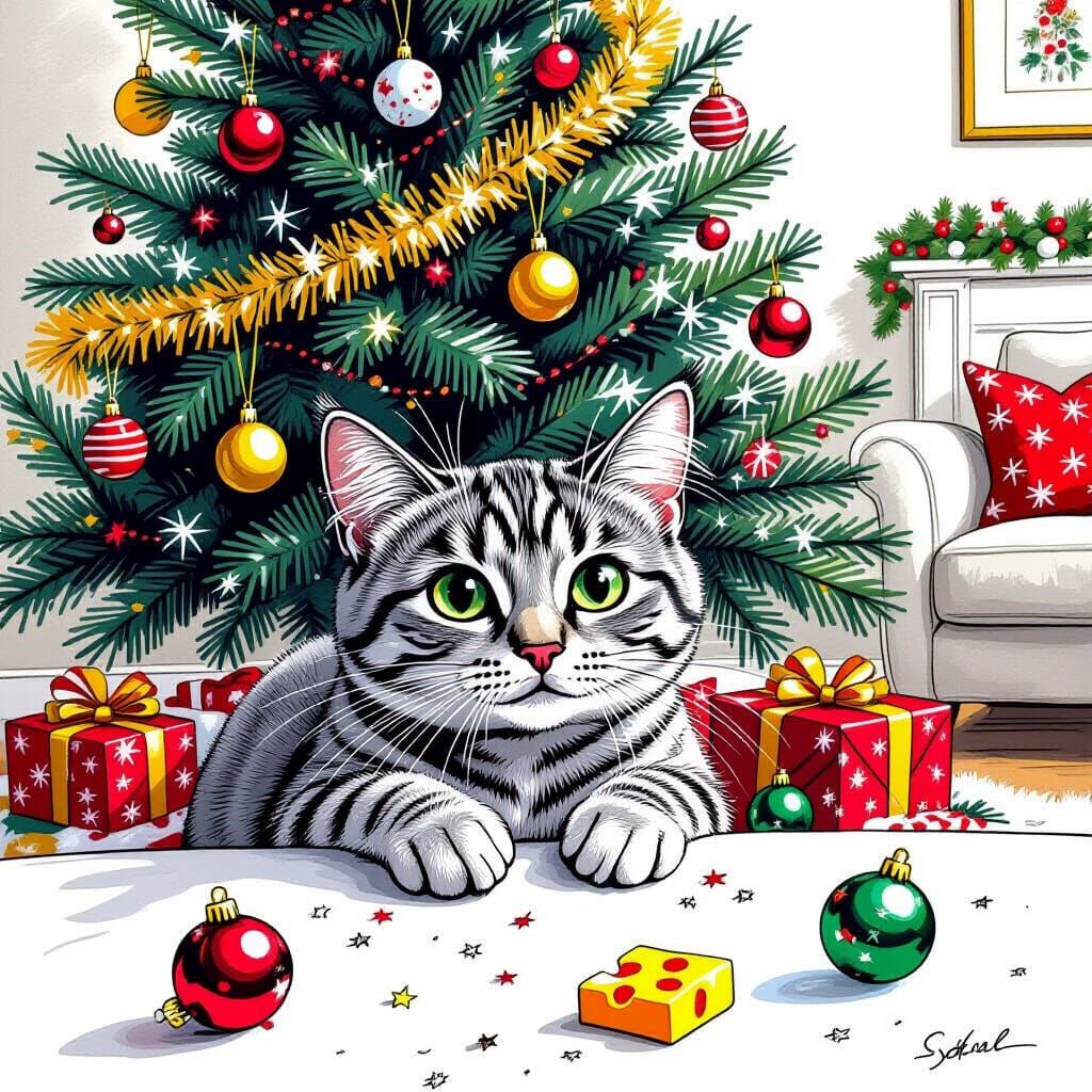 Humorous Cat Reaching for Toy near Christmas Tree