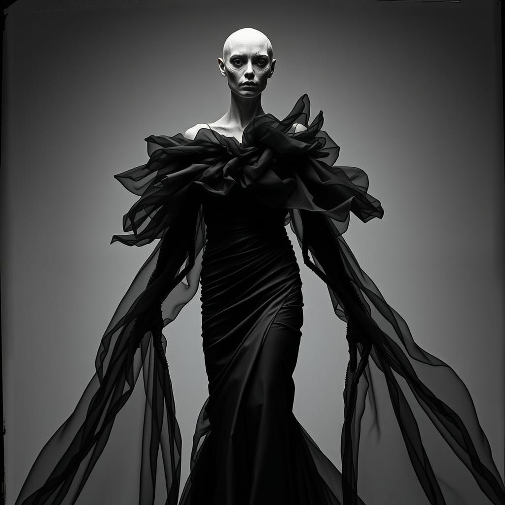 The chilling image of a hybrid figure, part human, part crea...