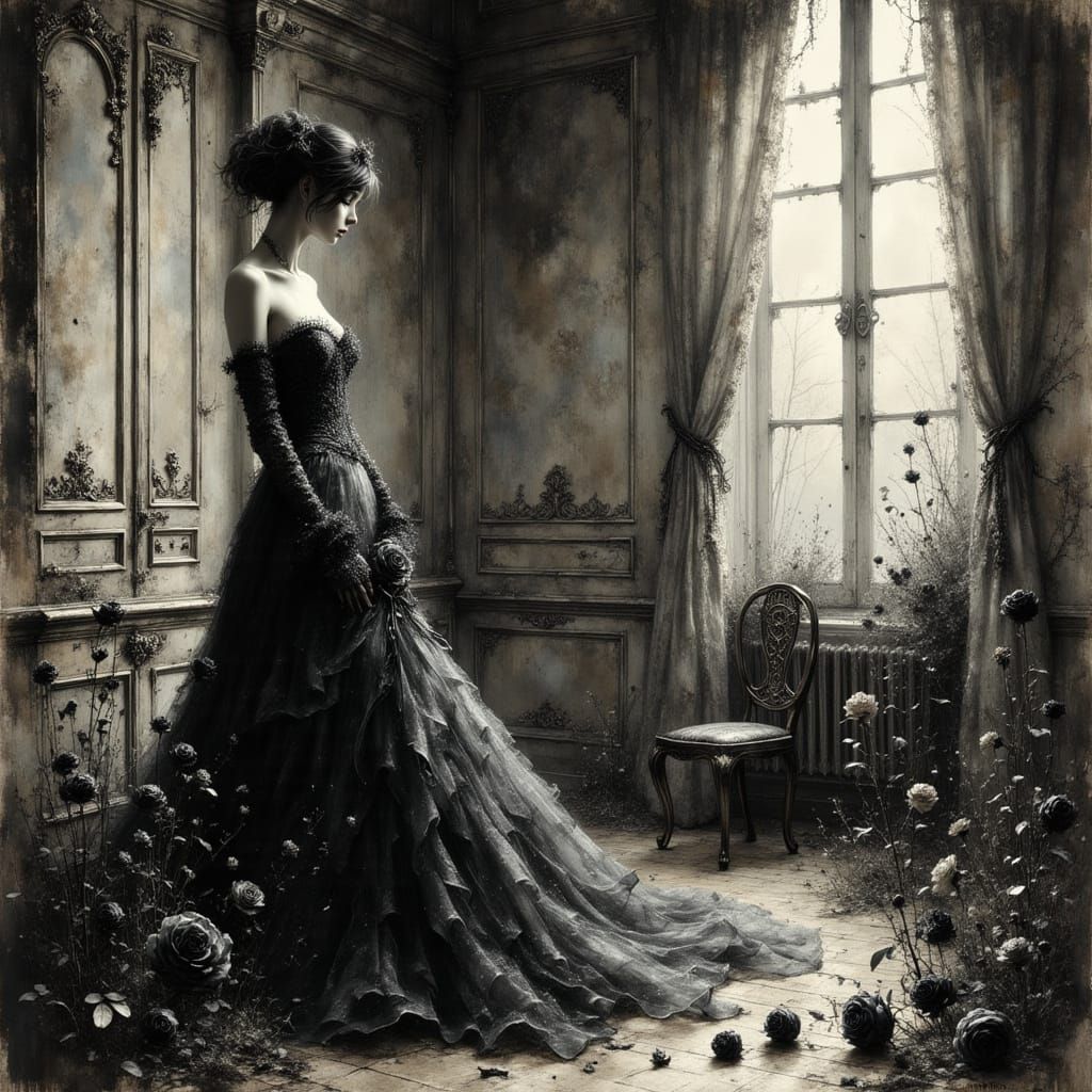 Surreal Baroque Illustration of Woman in Lace Gown