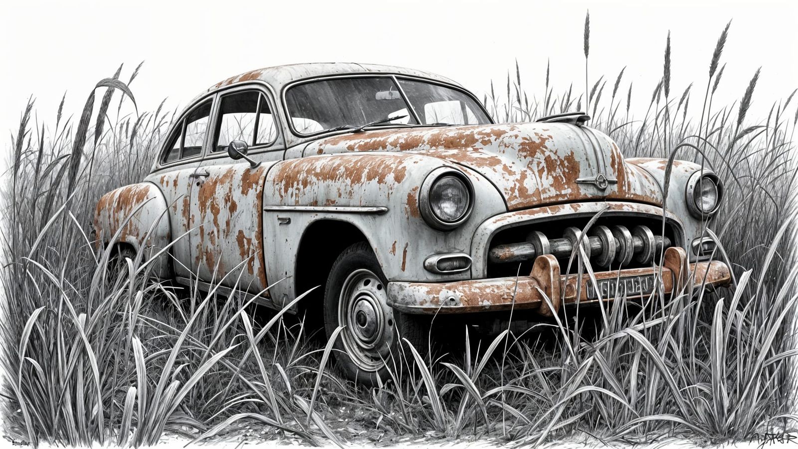 Abandoned Vintage Car in Charcoal Drawing