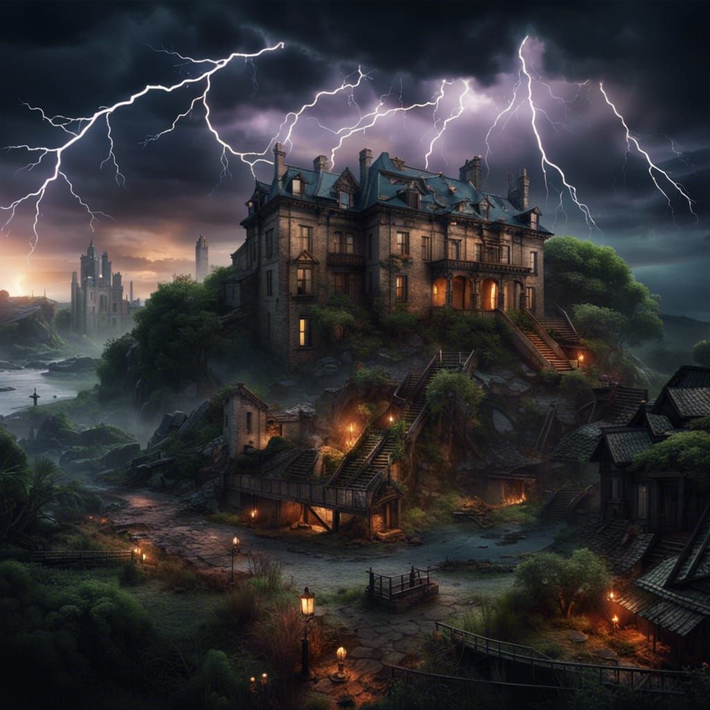 Storm-Ravaged Town with Ruined Mansion: Digital Matte Painti...