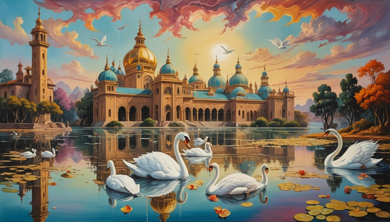 Surreal Lakeside Bhavan with Swans, Oil on Canvas