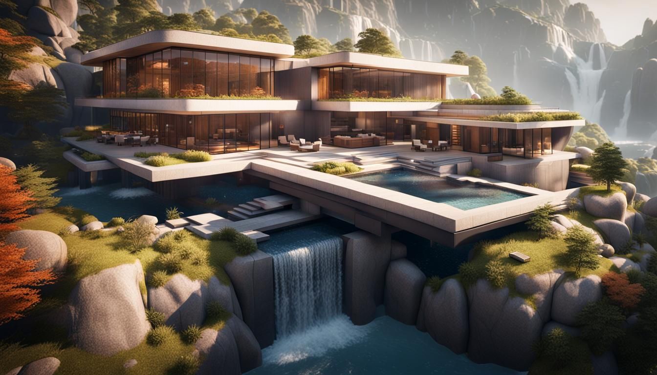 Ultra-Modern Villa Above Waterfall: 3D Game Cinematic