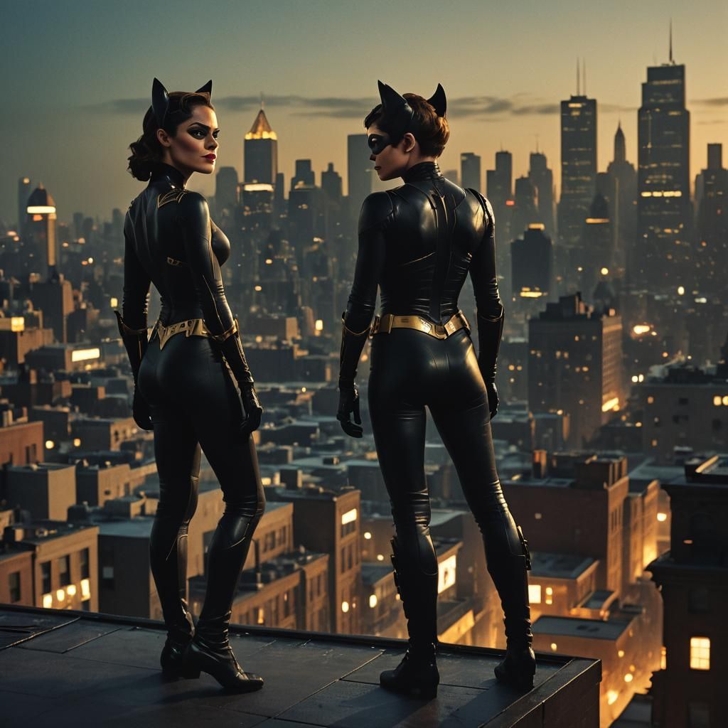 Catwoman on Gotham Rooftop in Film Noir Style