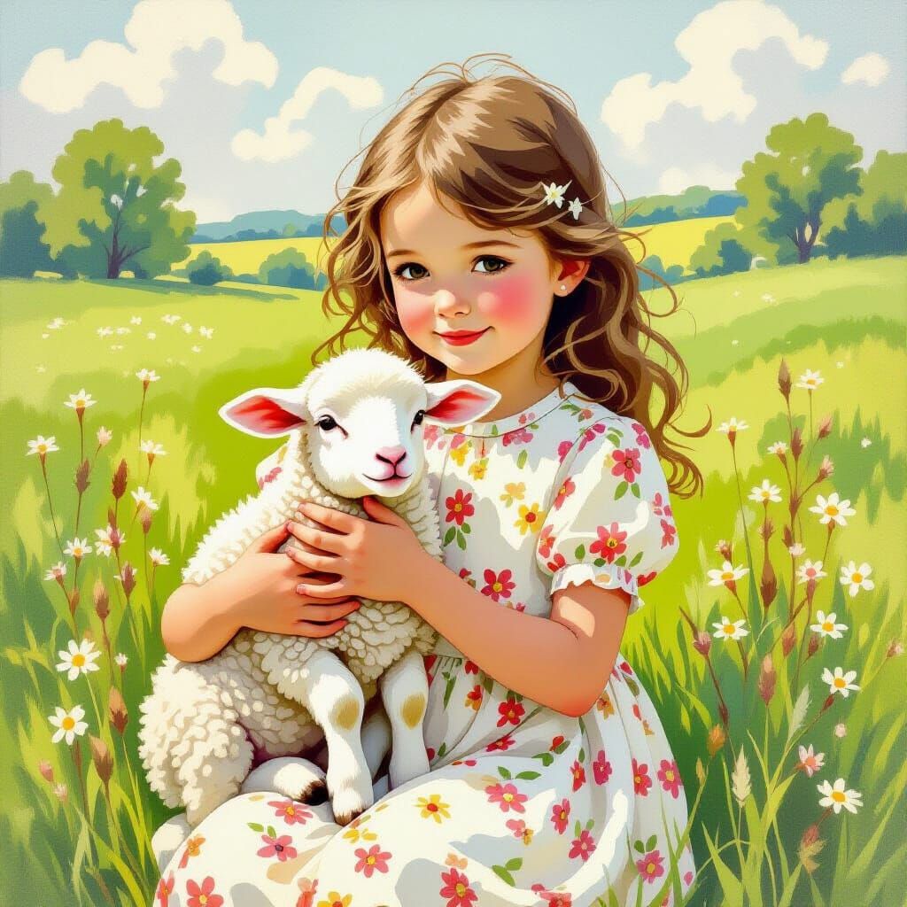 Mary and Lamb in Meadow, Children's Book Illustration