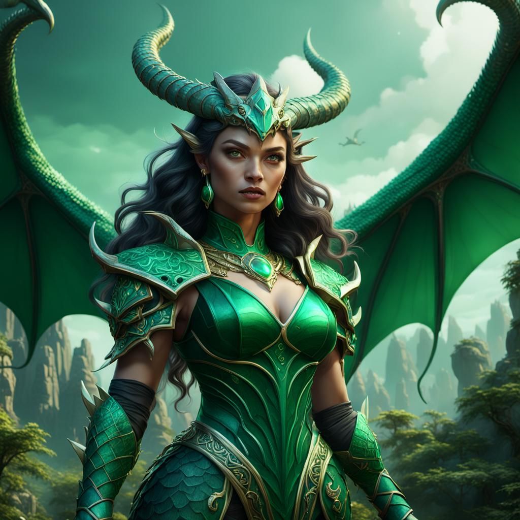 Fantasy Emerald Goddess with Dragon Horns