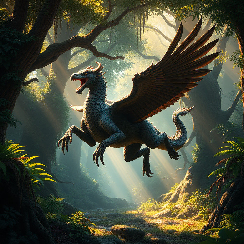 Chimera Leaping into Enchanted Forest, Digital Art