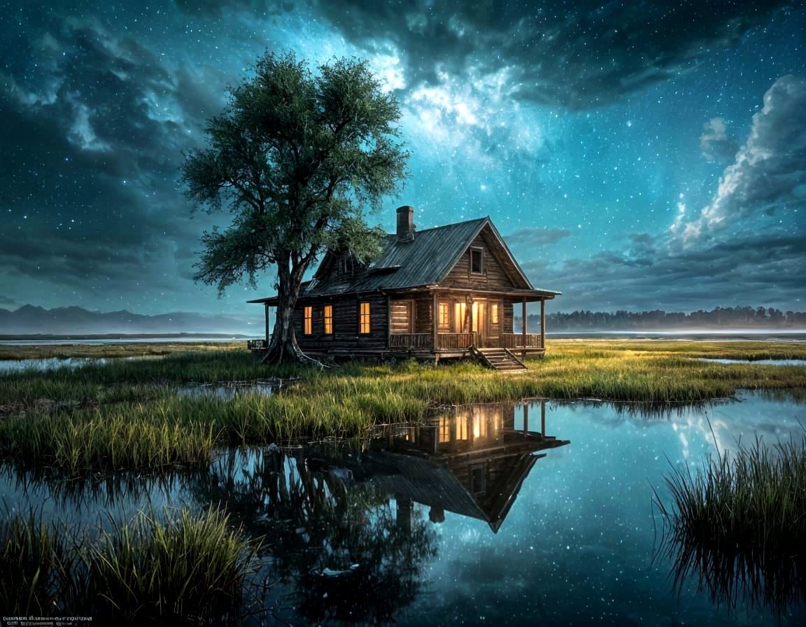 Haunted Cabin in Midnight Marsh, Digital Illustration