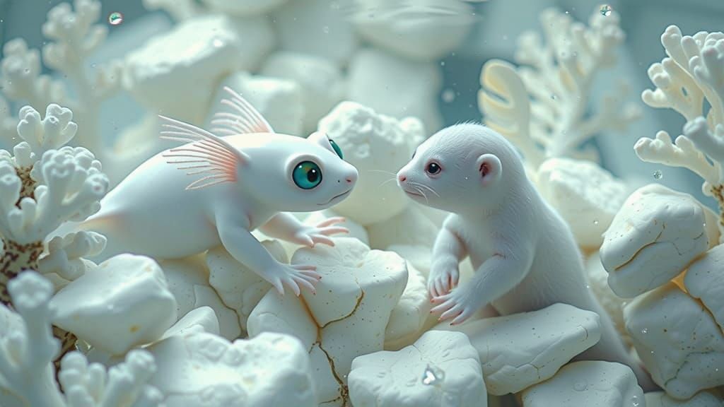 Majestic Axolotl Meets Curious Arctic Otter in Ethereal Aqua...