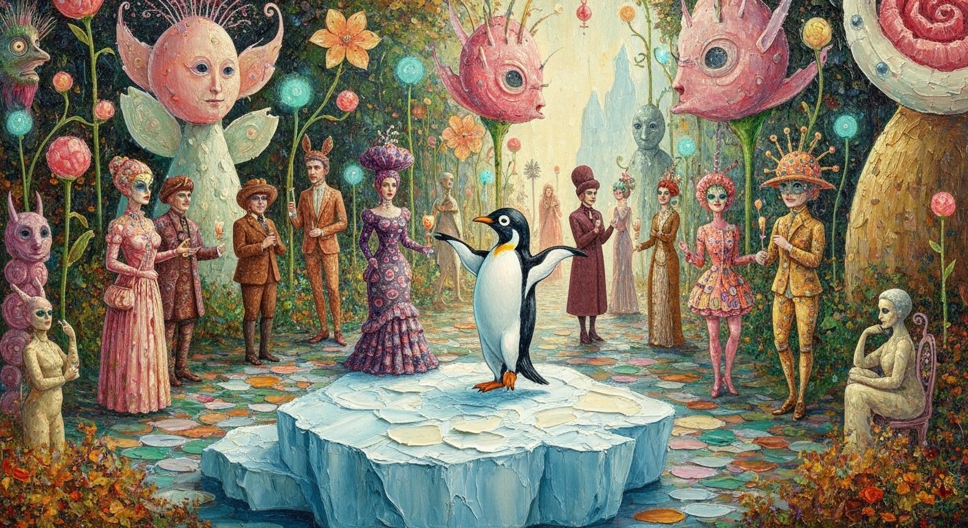 Penguin Dances on Iceberg in Impasto Painting